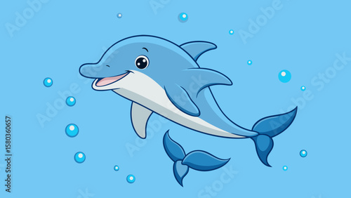 Cute cartoon dolphin swimming happily with bubbles in the blue ocean water