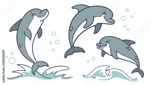 Three happy cartoon dolphins jumping and playing in the ocean waves