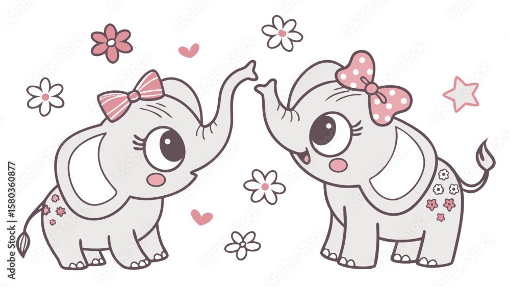 Obraz premium Two cute baby elephants with pink bows and flowers on a white background