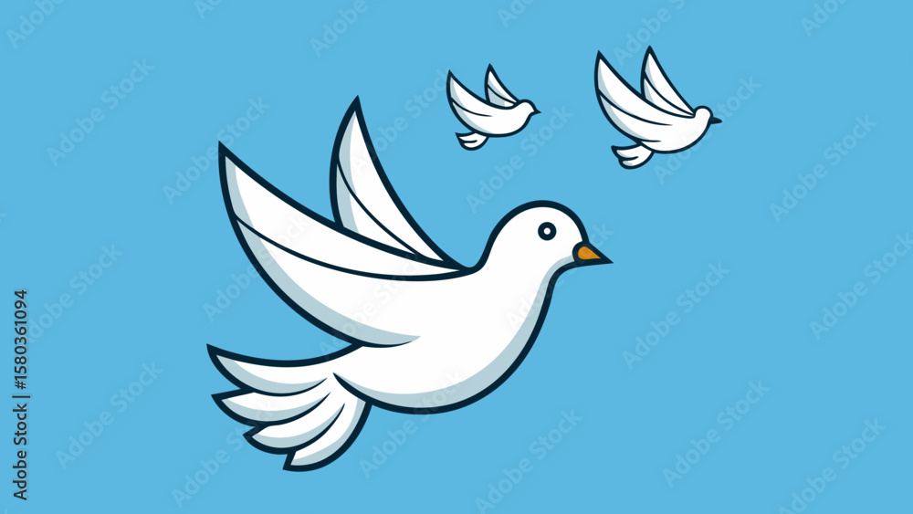 Obraz premium Three stylized white doves flying in a clear blue sky