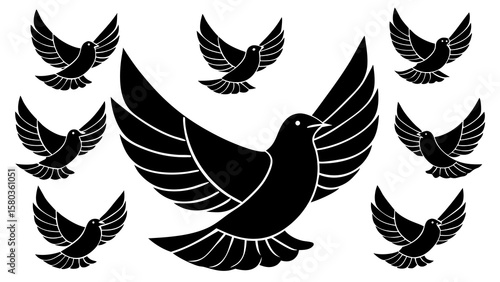 Collection of black silhouette doves flying with outstretched wings on white background
