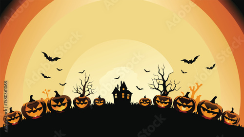 Halloween night scene with pumpkins, bats, spooky house and trees against a moonlit backdrop