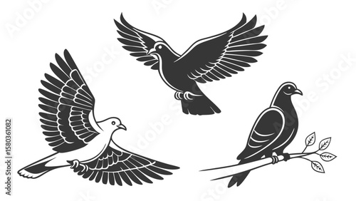 Three stylized black silhouette pigeons in flight and perched on a branch