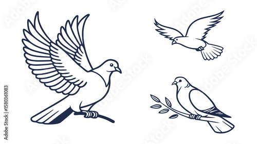 Three stylized dove outlines representing peace and freedom in flight and perched