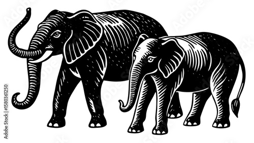Two striking black and white elephants depicted in a bold linocut style