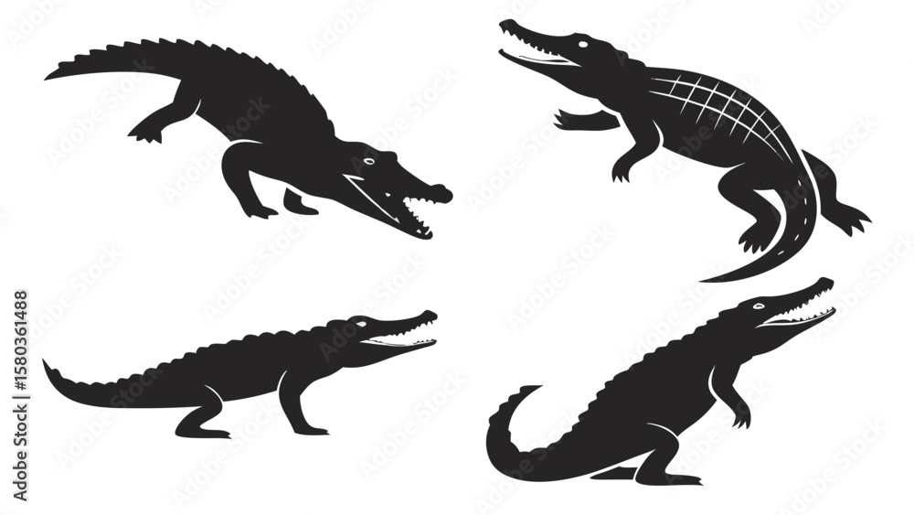 Obraz premium Collection of four black silhouette illustrations of crocodiles in various poses