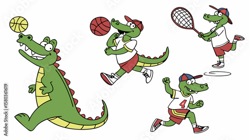 Happy cartoon alligator playing basketball and tennis on white background