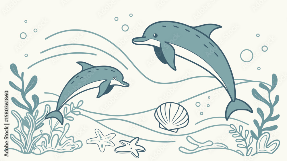 Fototapeta premium Two playful cartoon dolphins swim through stylized ocean waves with seaweed and seashells