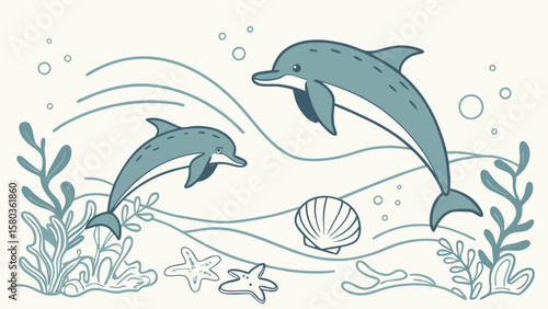 Two playful cartoon dolphins swim through stylized ocean waves with seaweed and seashells