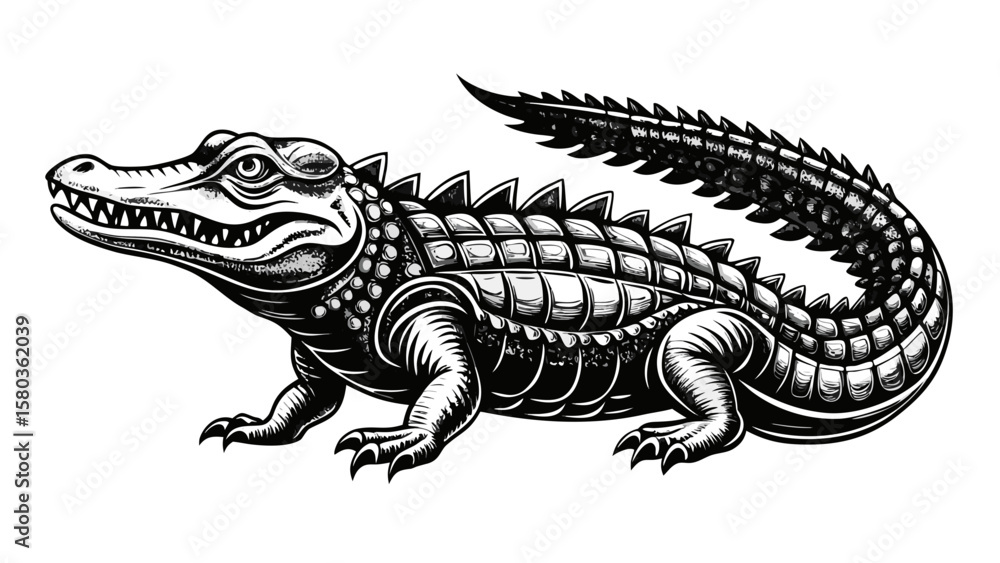 Fototapeta premium Detailed black and white illustration of a fierce alligator on a white background