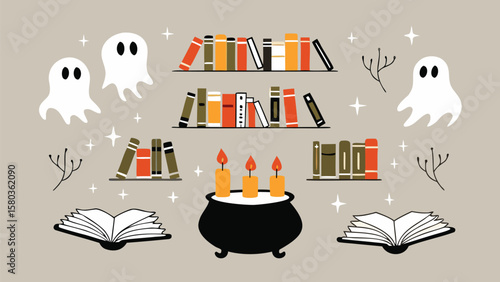 Illustration of bookshelves with books, ghosts, a cauldron and candles for halloween decor