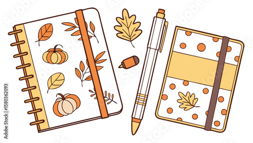 Autumnal stationery set featuring two notebooks a pen and loose leaves and pumpkins perfect for seasonal journaling and planning