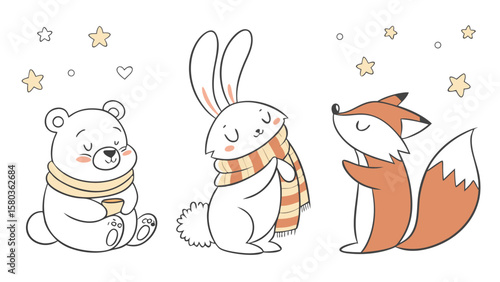 Cute cartoon polar bear with a scarf holding a cup a rabbit in a striped scarf and a fox standing together on a white background with stars and hearts