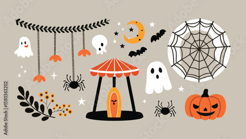 A festive halloween scene with ghosts, spiders, bats, moon, pumpkin, and a spooky carnival ride
