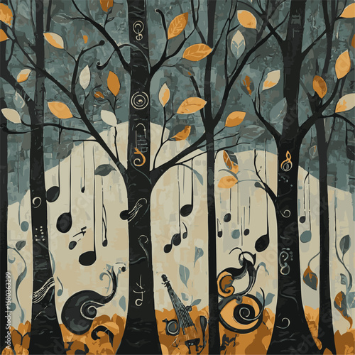 A whimsical illustration depicts a mystical forest where musical notes replace the leaves, as abstract trees stand tall against a muted background, evoking a sense of serenity and fantasy.