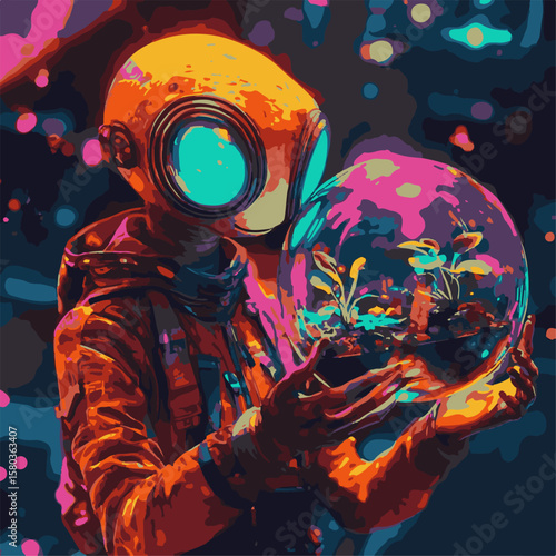 A futuristic figure in an orange astronaut suit gently cradles a luminous sphere containing a miniature ecosystem.