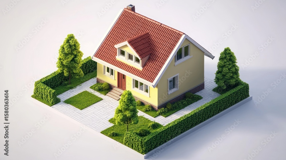 Isometric pixelated house with garden, light yellow walls, and red roof Isometric pixelated house with garden, light yellow walls, and red roof