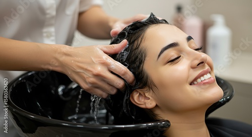 A happy client enjoying a luxurious hair wash and treatment at a salon