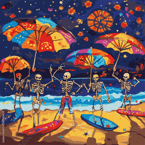 Dancing skeletons frolic on a vibrant beach, under a starlit sky, captured through a bold artistic lens that radiates cultural celebration. 