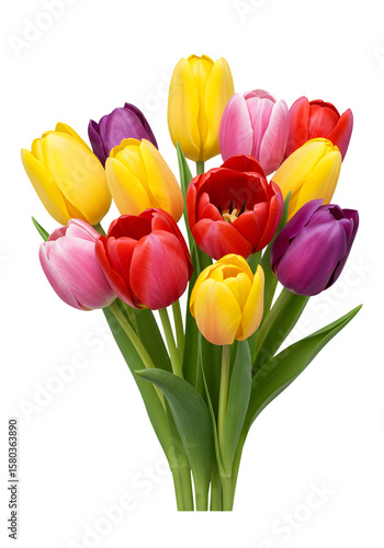 Isolated Bouquet of Tulips with Colorful Blooms on Transparent Background