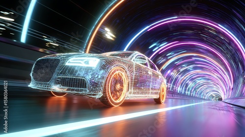 Wireframe Car Driving Through Tunnel