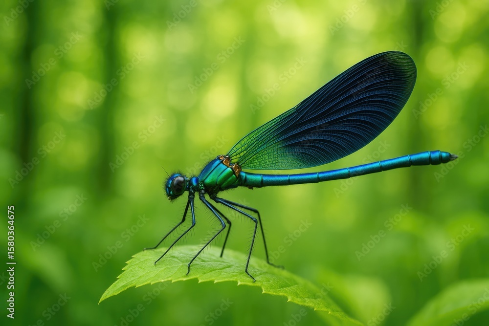 Close-up of a vibrant blue sea dragonfly amidst a lush forest scene Close-up of a vibrant blue sea dragonfly amidst a lush forest scene