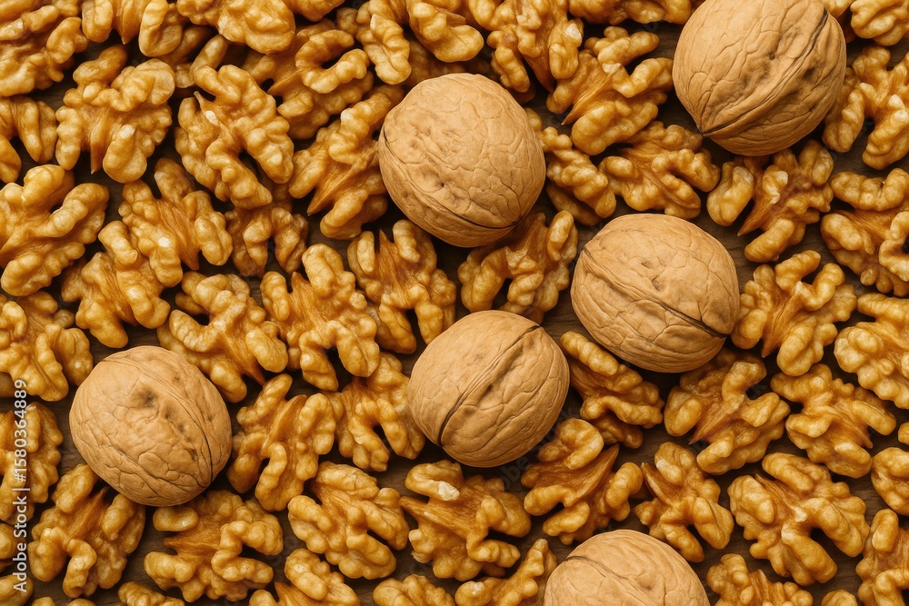 Detailed view of a heap of large shelled nuts with both kernels and whole nuts visible from above. Fresh raw nuts rich in healthy fats, fiber, vitamins, and minerals. Consuming nuts to enhance Detailed view of a heap of large shelled nuts with both kernels and whole nuts visible from above. Fresh raw nuts rich in healthy fats, fiber, vitamins, and minerals. Consuming nuts to enhance