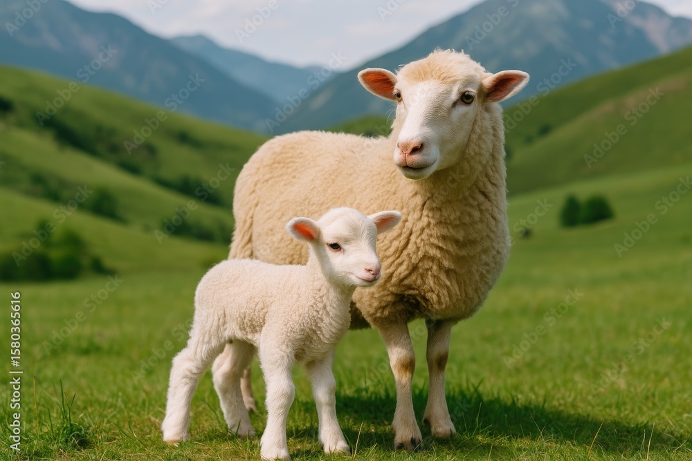 Fototapeta premium Baby Sheep and Its Mother in a Field