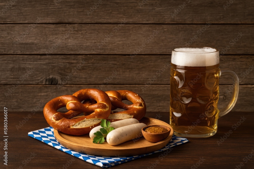 Traditional Oktoberfest cuisine featuring pretzels and beer mugs on a rustic wooden backdrop Traditional Oktoberfest cuisine featuring pretzels and beer mugs on a rustic wooden backdrop
