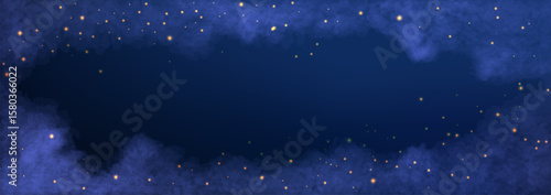 Navy winter sky with glitter and stars for Christmas decoration. Magic night dark frame with sparkles and white clouds. Vector illustration.