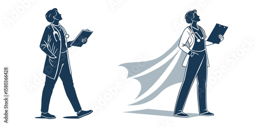Doctor superhero with cape holding clipboard and stethoscope isolated on white background