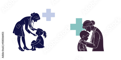 Doctor comforting a child with a stethoscope and medical cross isolated on white background