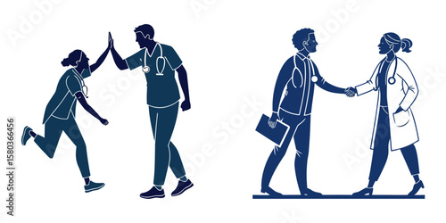 Two pairs of medical professionals celebrating success and agreement isolated on white background