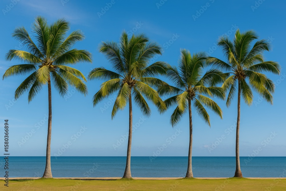 Fototapeta premium Seaside view featuring palm trees in a tropical location