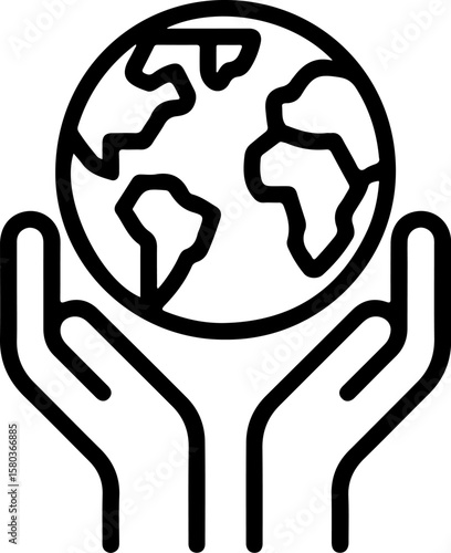 Two cupped hands gently holding the planet earth in a simple outline style