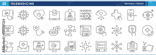 A set of line icons related to Telemedicine and Digital healthcare. Health, modern, technology, click, online, report, counselling, and so on. Vector editable stroke.