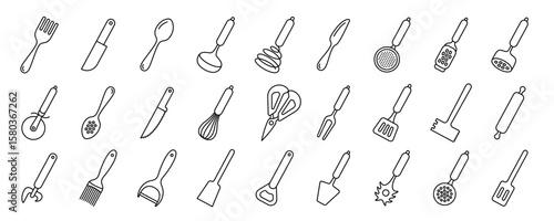 Kitchenware icon set. Black line vector kitchen utensils, tools and cutlery. Whisk, slotted spoon, scissors, ladle and spatula. Sieve, knife, spoon, fork, peeler and opener