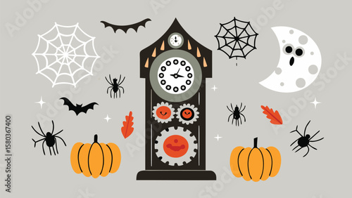 Halloween themed image with clock, pumpkins, spiders, bats, moon and spiderwebs around it