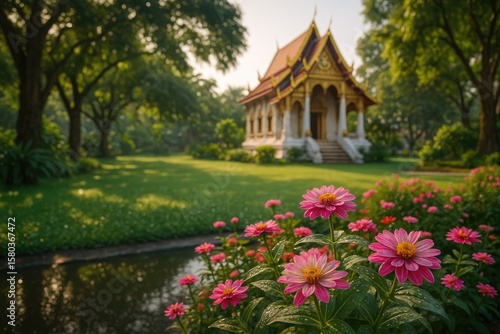 Wallpaper Mural Serene temple garden featuring lush trees and vibrant flowers Torontodigital.ca