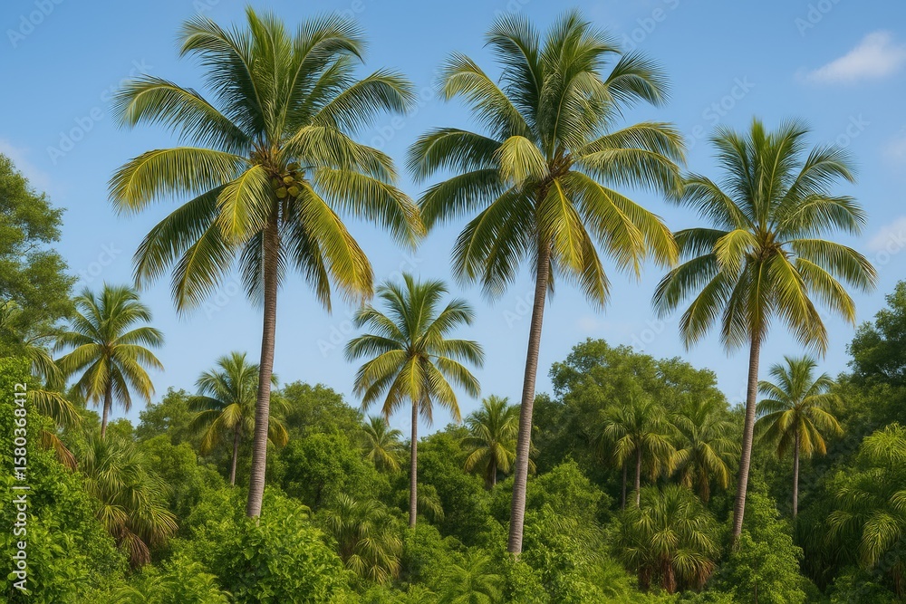 Tall palm trees dominate the landscape amidst lush greenery Tall palm trees dominate the landscape amidst lush greenery