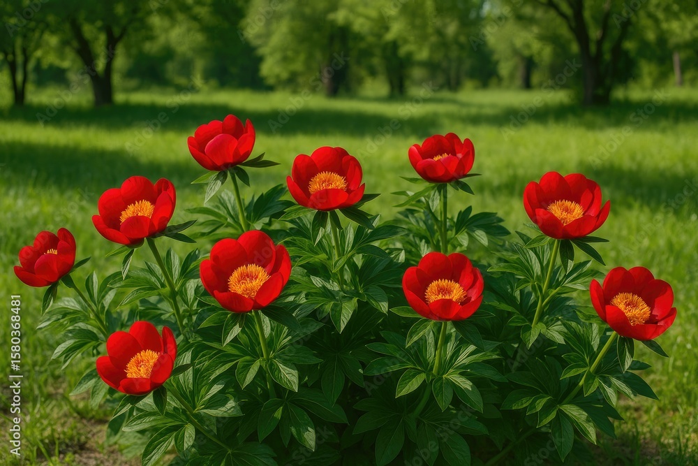 Obraz premium Vibrant Peony Blossoms in Lush Green Settings