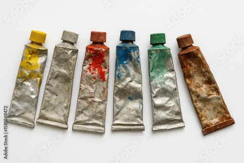Fototapeta Naklejka Na Ścianę i Meble -  Vintage paint tubes displayed on a plain white backdrop