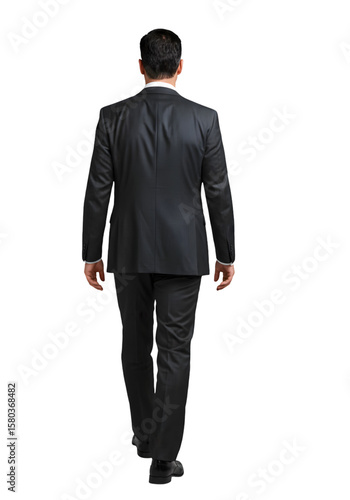 Isolated Businessman In Black Suit Walking Away From Back View