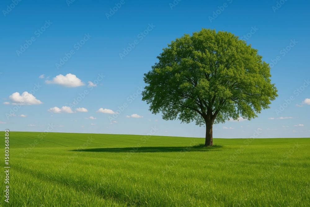 Obraz premium A solitary tree standing amidst lush green meadows under a clear blue sky