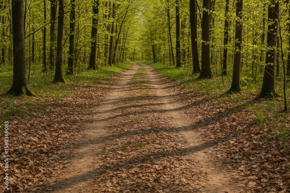 Fototapeta premium Springtime woodland road with fresh foliage and fallen leaves on a sunny day