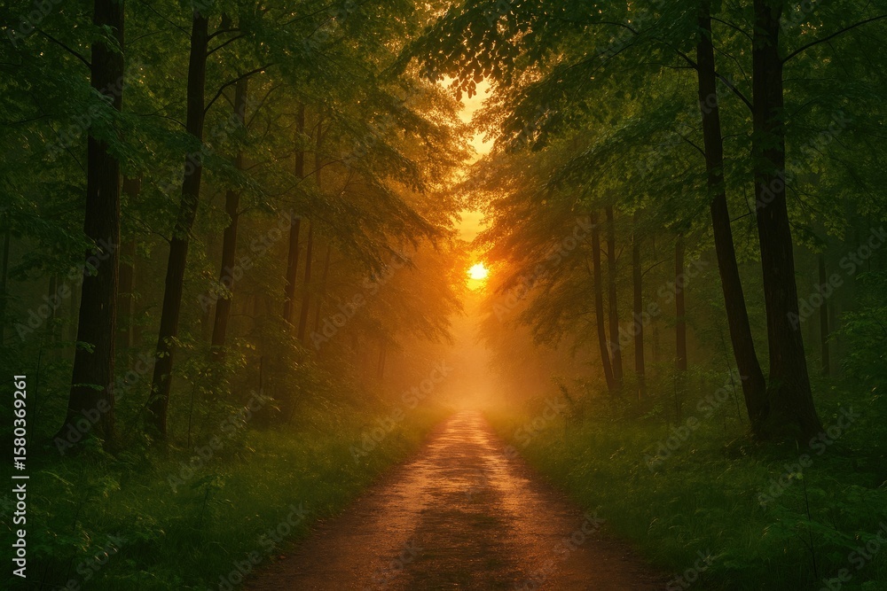 Obraz premium Sunset in a foggy forest alleyway