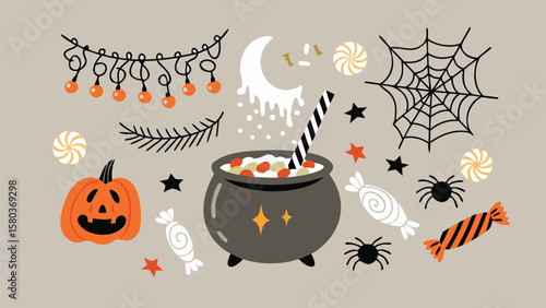 Halloween themed illustration with cauldron, pumpkin, spiderweb and candies on a light background