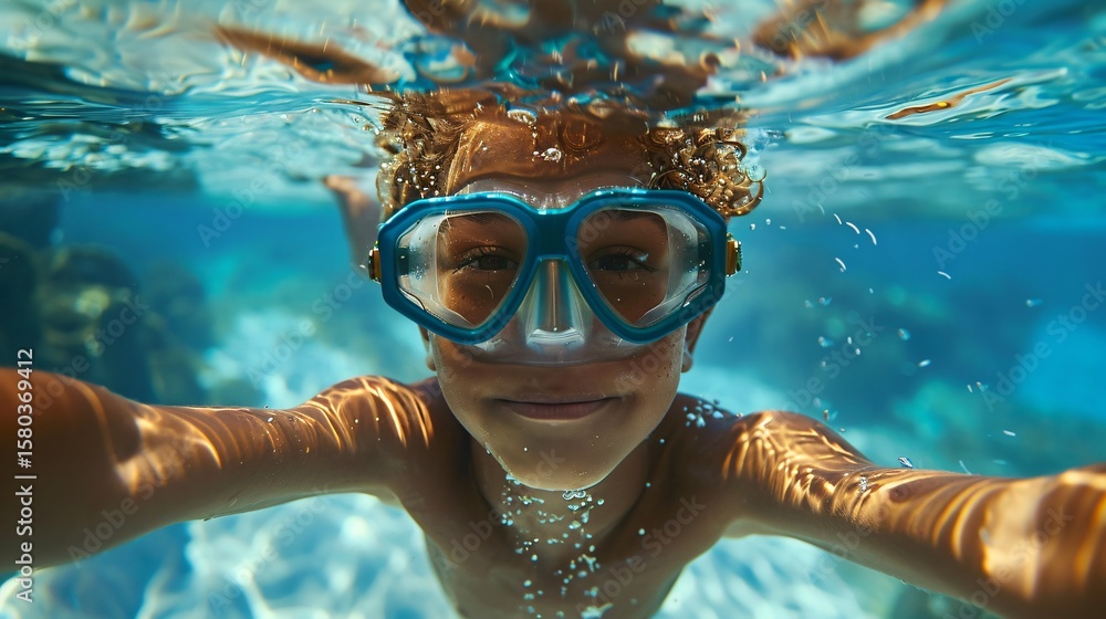 Naklejka premium Cheerful boy dives underwater with goggles