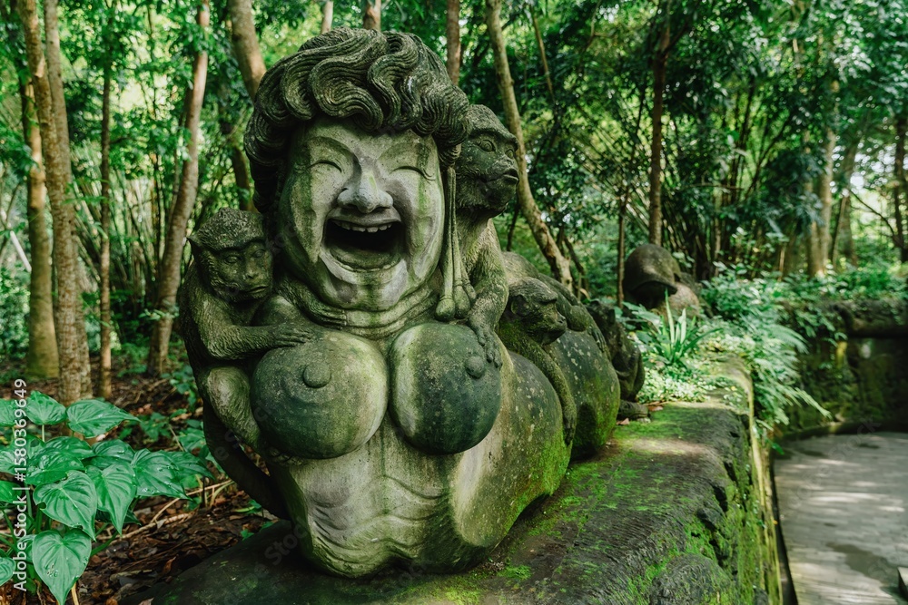 Obraz premium Stone sculpture of a laughing woman with monkeys clinging to her, found in the Sacred Monkey Forest Sanctuary, Ubud, Bali, Indonesia. Tourist attraction.