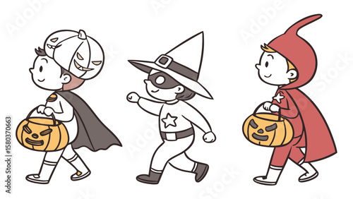 Three adorable cartoon children in halloween costumes a pumpkin a witch and a red hooded character happily trick or treating with jack o lantern candy buckets